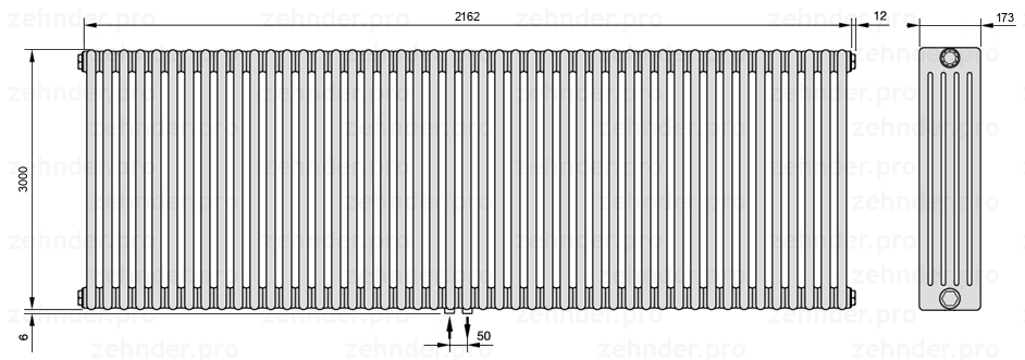 Схема (чертеж) Радиатор Zehnder Charleston 5300/47 №3470 Белый глянцевый RAL 9016